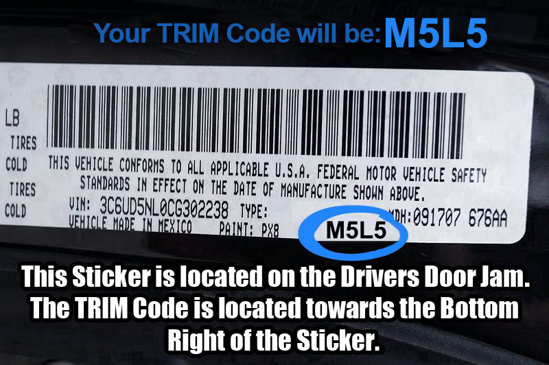 VIN sticker on the driver-side door jamb showing TRIM code M5L5 for accurate seat cover compatibility.