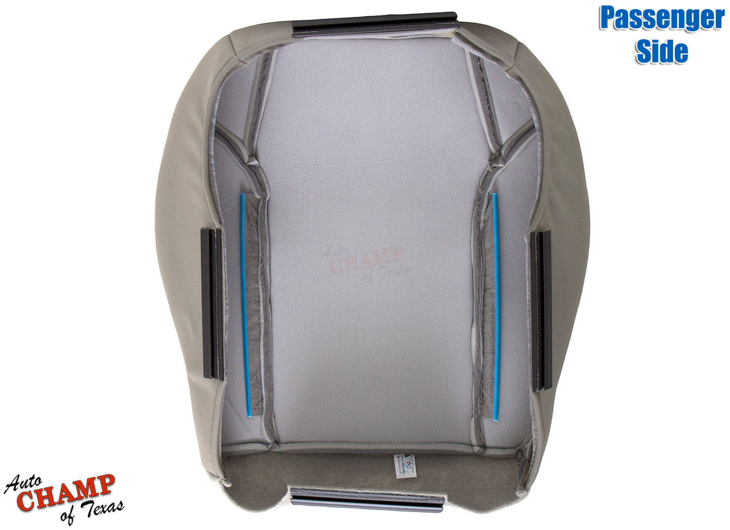 Back view of the passenger side bottom cloth seat cover for 2002-2004 Jeep Liberty in taupe.