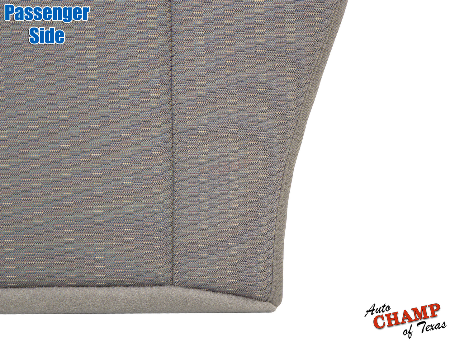 Detailed taupe tan fabric close-up of passenger bottom seat cover for 2002-2004 Jeep Liberty