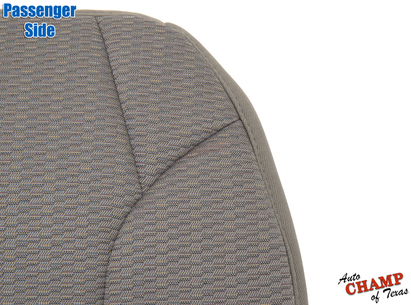 Close-up view of taupe tan passenger bottom seat cover for 2002-2004 Jeep Liberty