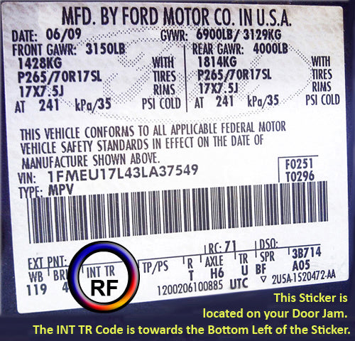ford motor company door jam sticker showing VIN and interior trim (INT TR) code location