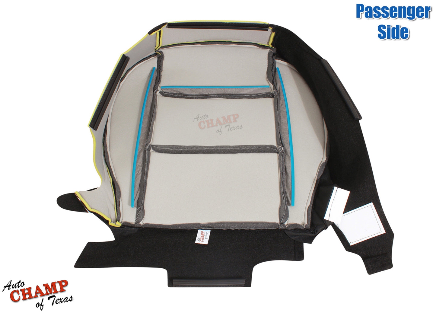 underside view of black and gray passenger side seat cover for 2003-2011 Ford Ranger 50/50 seat setup