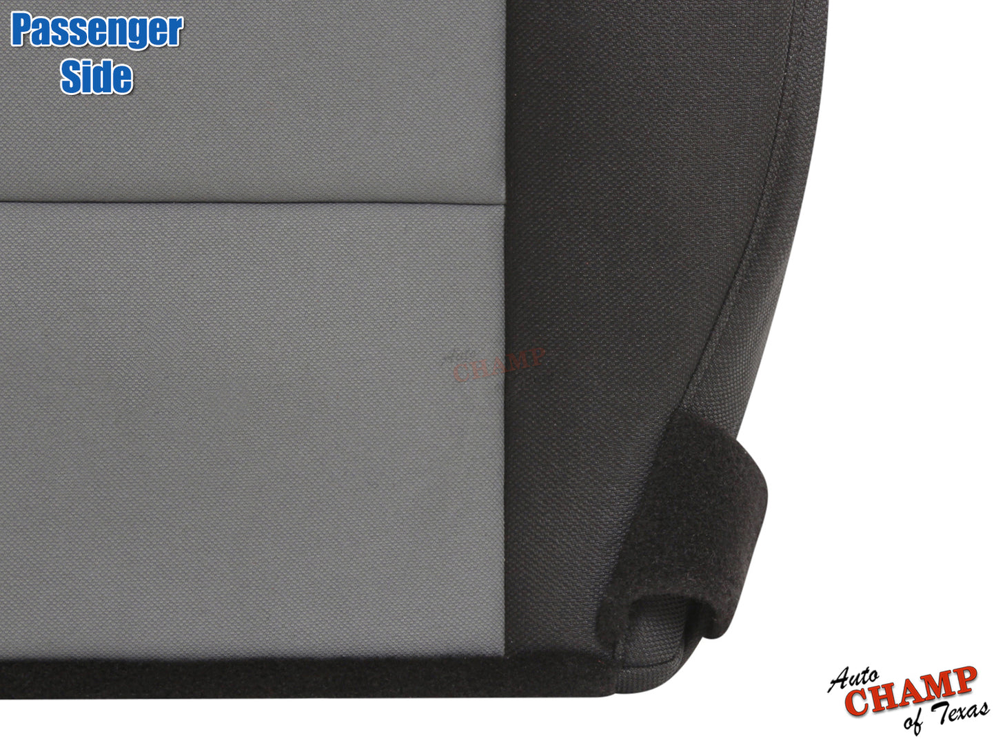 black and gray passenger side seat cover close-up for 2003-2011 Ford Ranger 50/50 seat setup