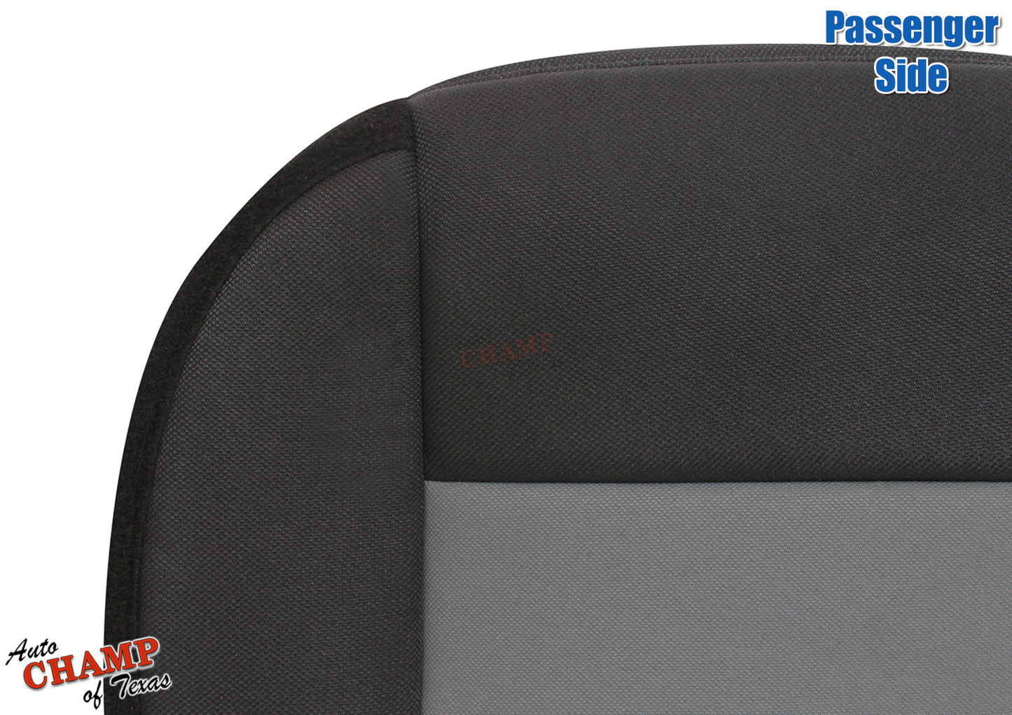 black and gray passenger side seat cover close-up for 2003-2011 Ford Ranger 50/50 seat setup