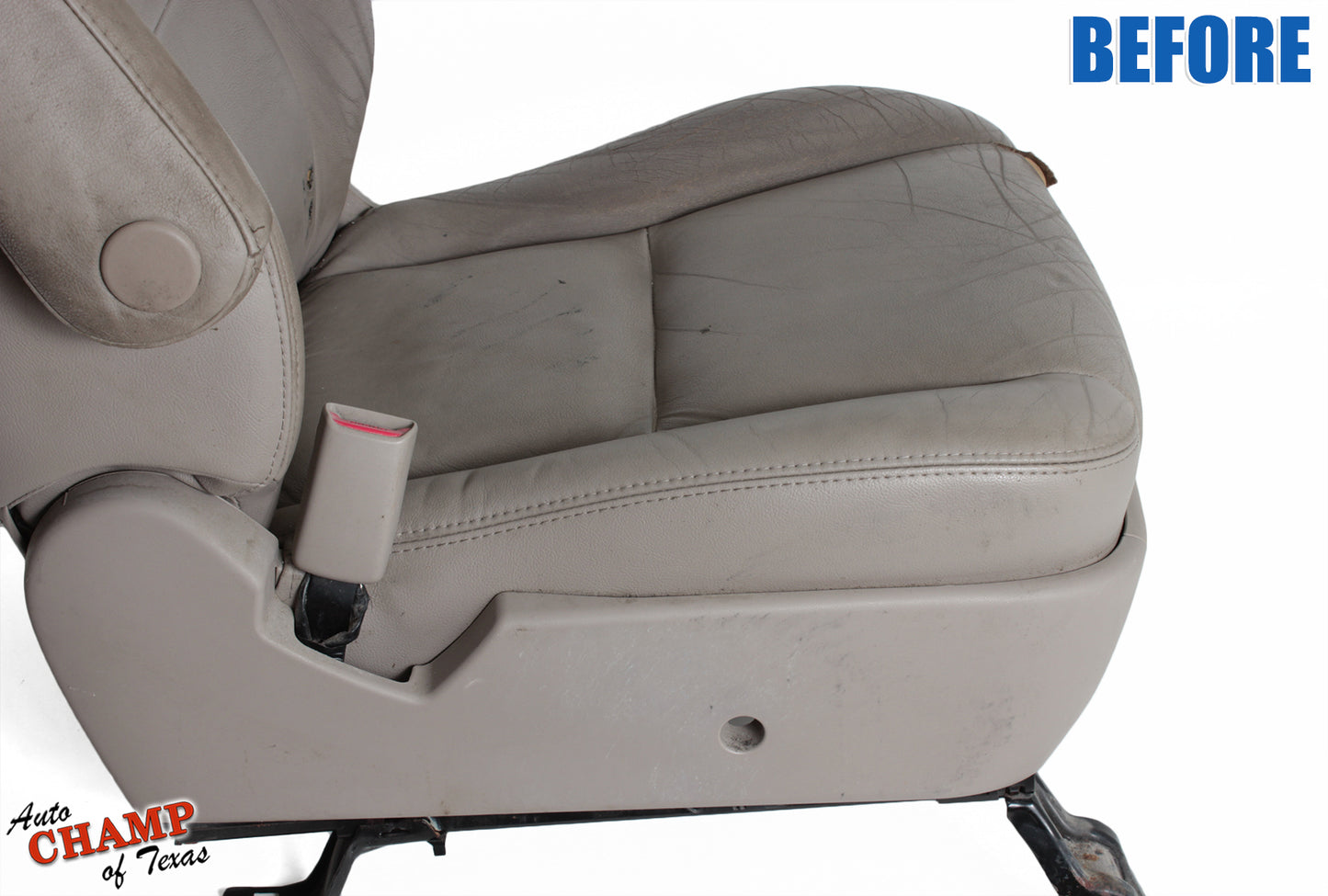 Before image of the 2005-2006 Toyota Tundra Limited SR5 Driver Side Bottom Replacement Leather Seat Cover in Tan, showcasing wear, scratches, and damage.