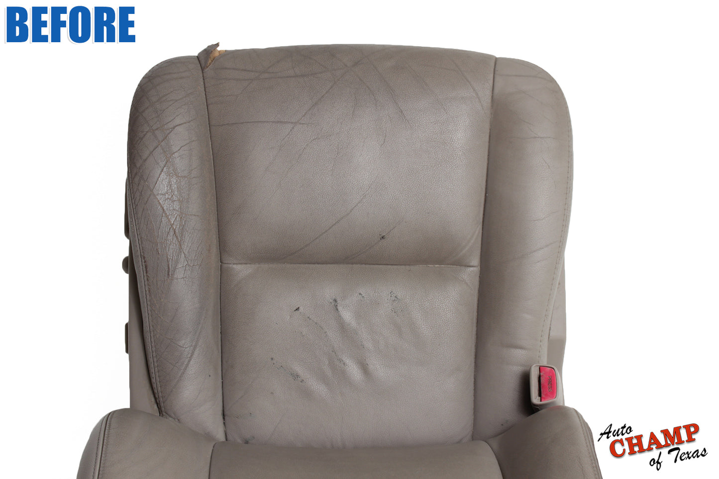 Before image of the 2005-2006 Toyota Tundra Limited SR5 Driver Side Bottom Replacement Leather Seat Cover in Tan, showing significant wear and tear.