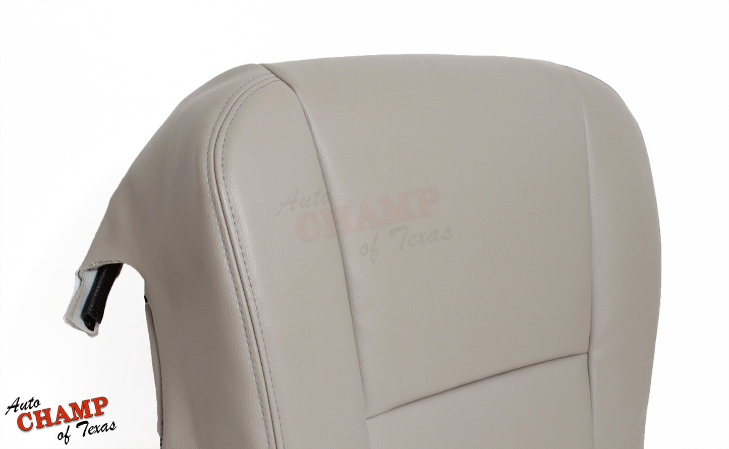 Close-up view of the top part of the 2005-2006 Toyota Tundra Limited SR5 Driver Side Bottom Replacement Leather Seat Cover in Tan, showing the leather texture and seam.