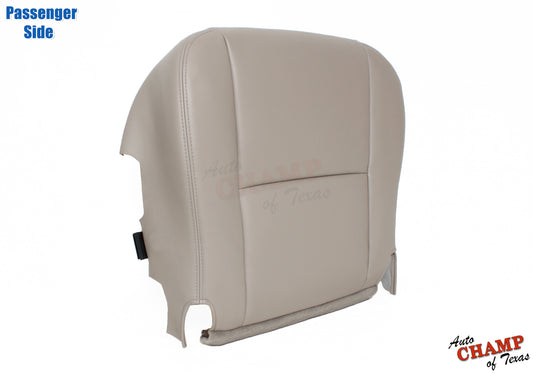 Passenger side view of the 2005-2006 Toyota Tundra Limited SR5 Bottom Replacement Leather Seat Cover in Tan, showing the side profile with attachment points visible.