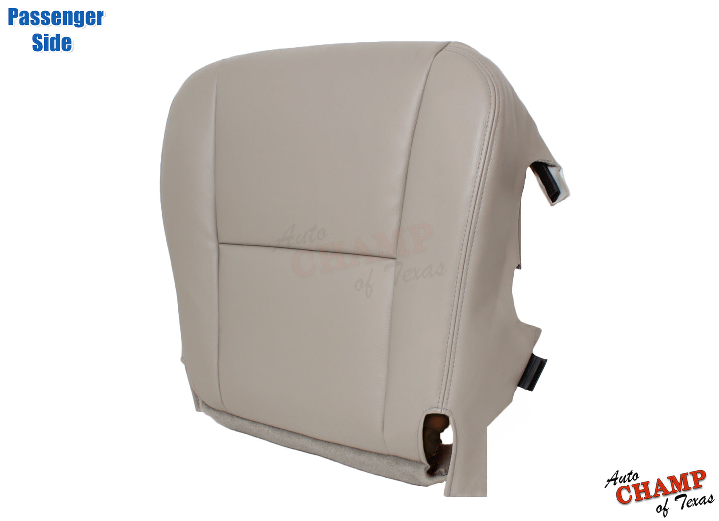 Passenger side view of the 2005-2006 Toyota Tundra Limited SR5 Bottom Replacement Leather Seat Cover in Tan, showing the back view with visible fabric and securing straps.