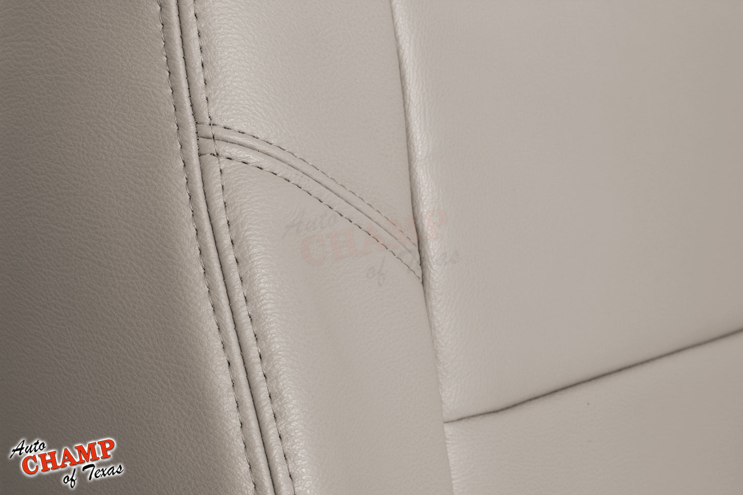 Close-up view of the stitching on the 2005-2006 Toyota Tundra Limited SR5 Driver Side Lean Back Replacement Leather Seat Cover in Tan, highlighting its precision and quality.