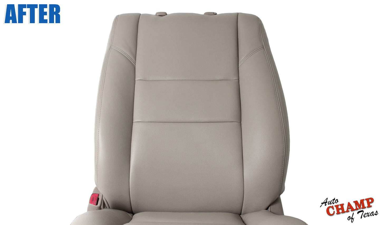 After installation of a brand new tan leather seat cover on the 2005-2006 Toyota Tundra SR5 Driver Side.