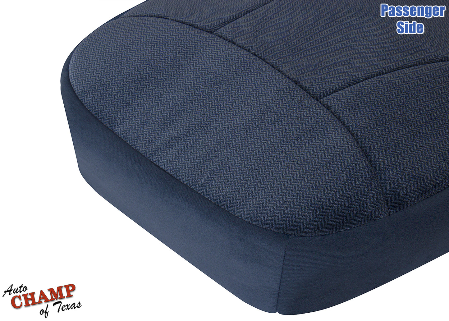 1992-1993 Ford Bronco XLT passenger side bottom seat cover blue fabric close-up