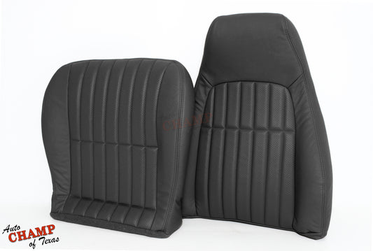 Driver side replacement leather seat covers in dark gray with a perforated design.