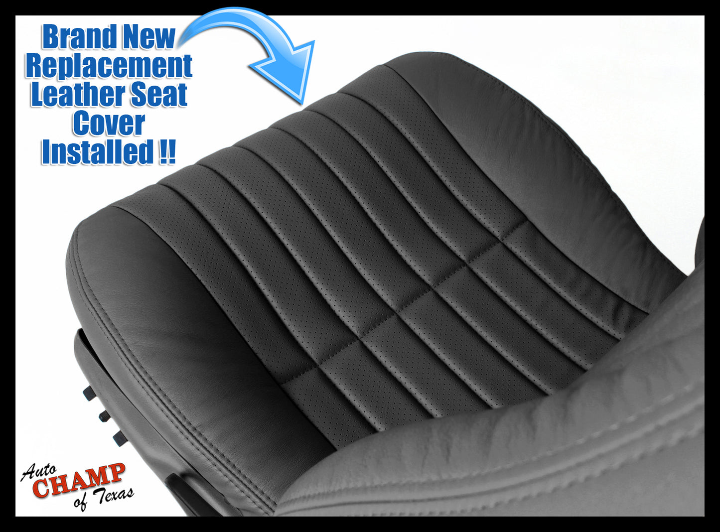 Replacement black leather driver side seat cover installed for Chevy Camaro