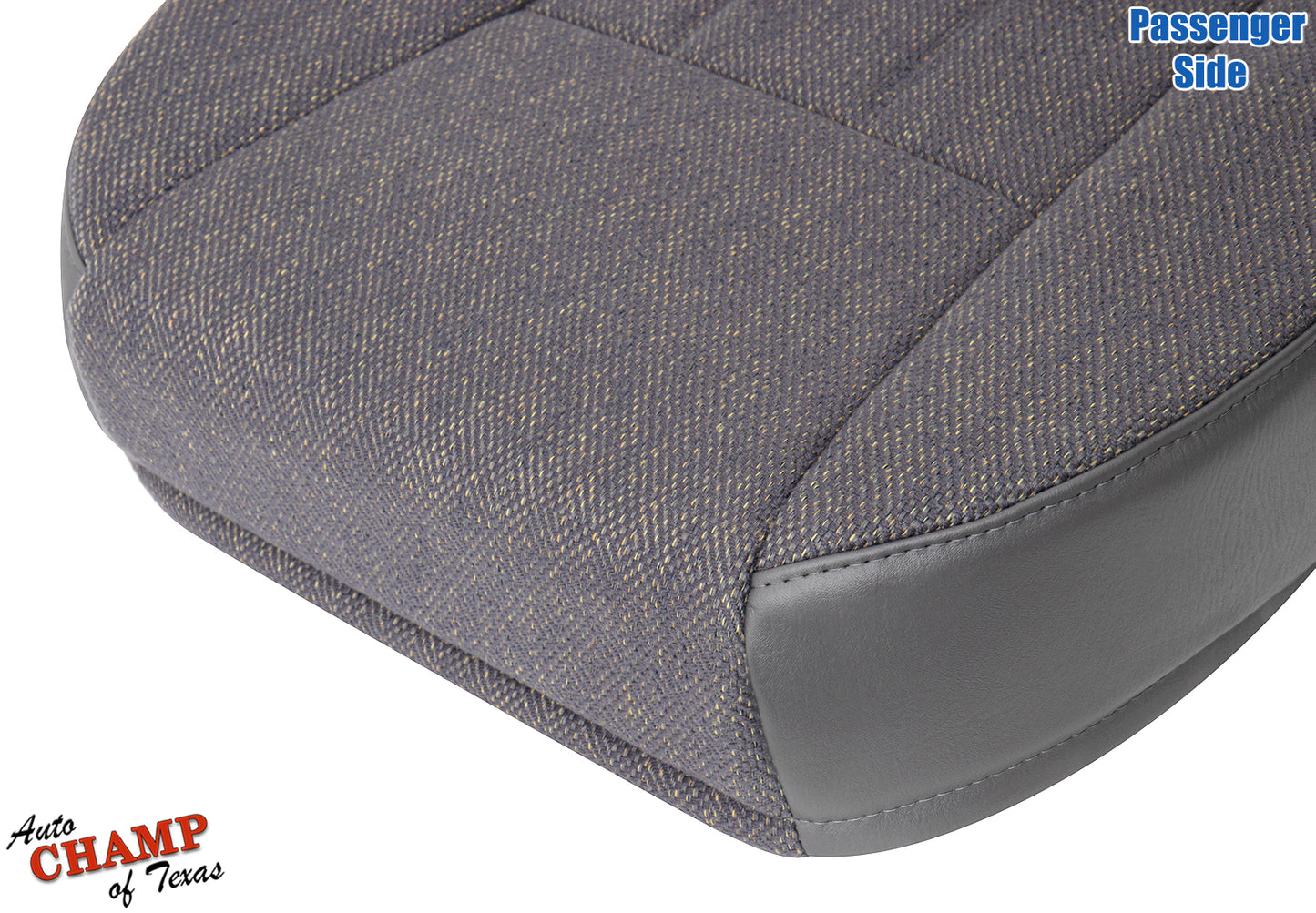 close-up of passenger side bottom cloth seat cover mist gray for 1997-1998 jeep cherokee classic showing corner stitching and leather trim