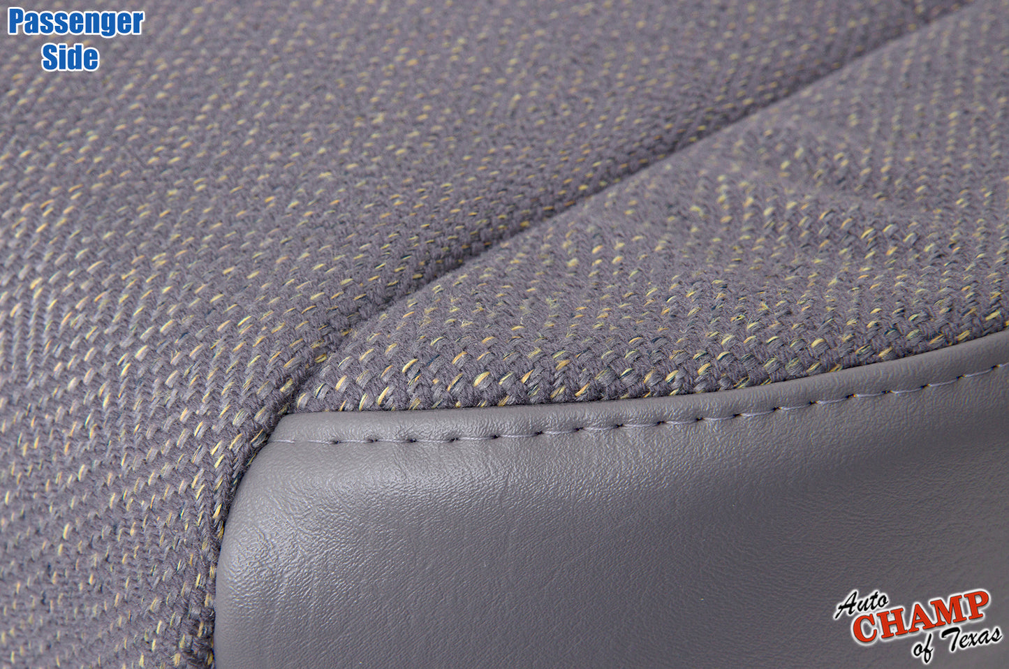 close-up of passenger side bottom cloth seat cover mist gray for 1997-1998 jeep cherokee classic showing stitching and fabric texture