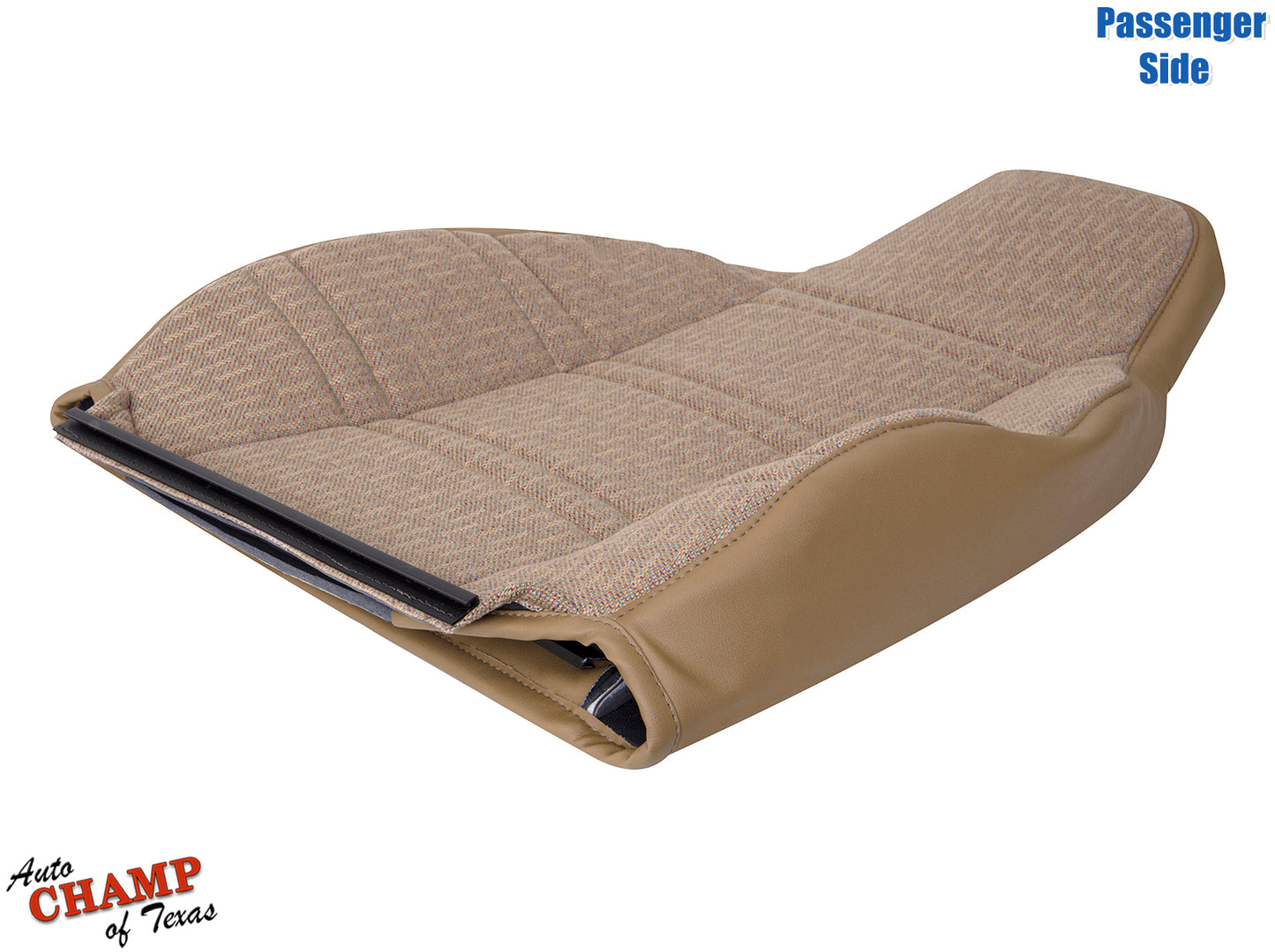 Close-up view of a tan saddle passenger side lean back replacement seat cover with detailed stitching.