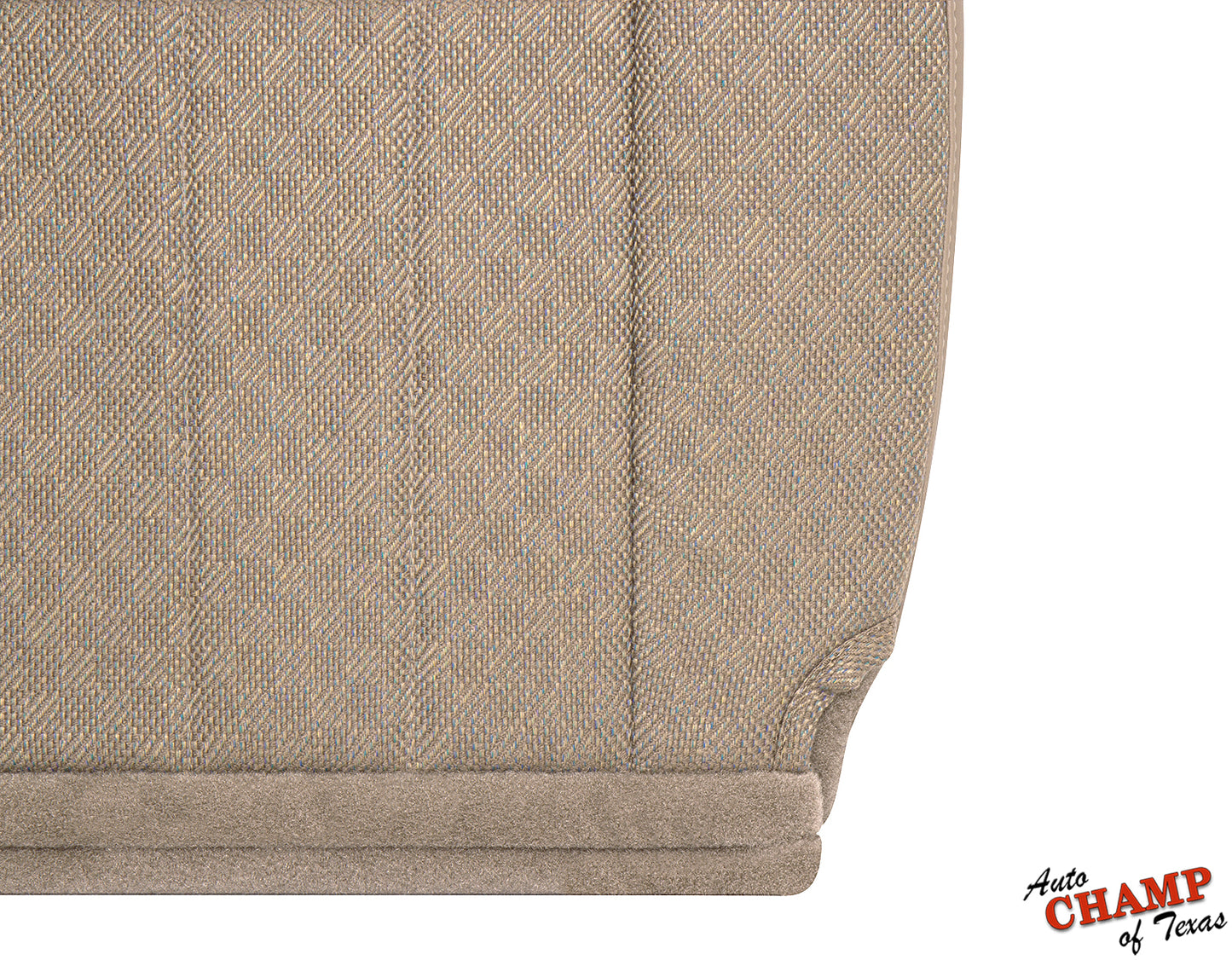 Close-up of replacement driver side bottom cloth seat cover for 1999-2001 Jeep Cherokee Classic tan camel