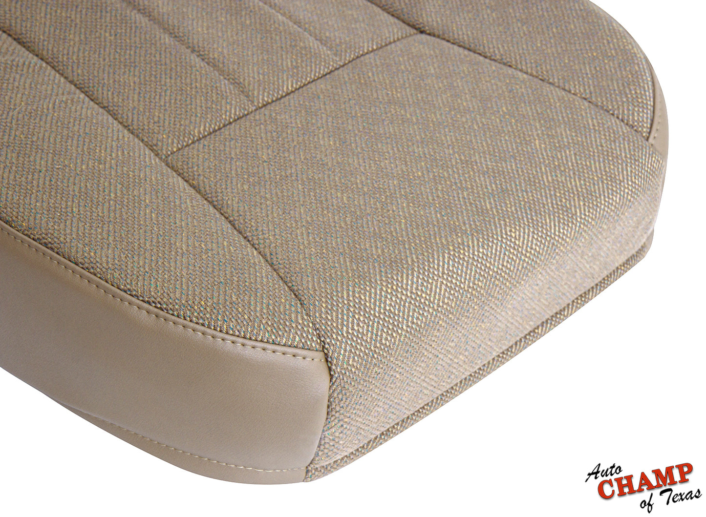 Close-up of the tan camel fabric texture on a replacement seat cover for 1999-2001 models.