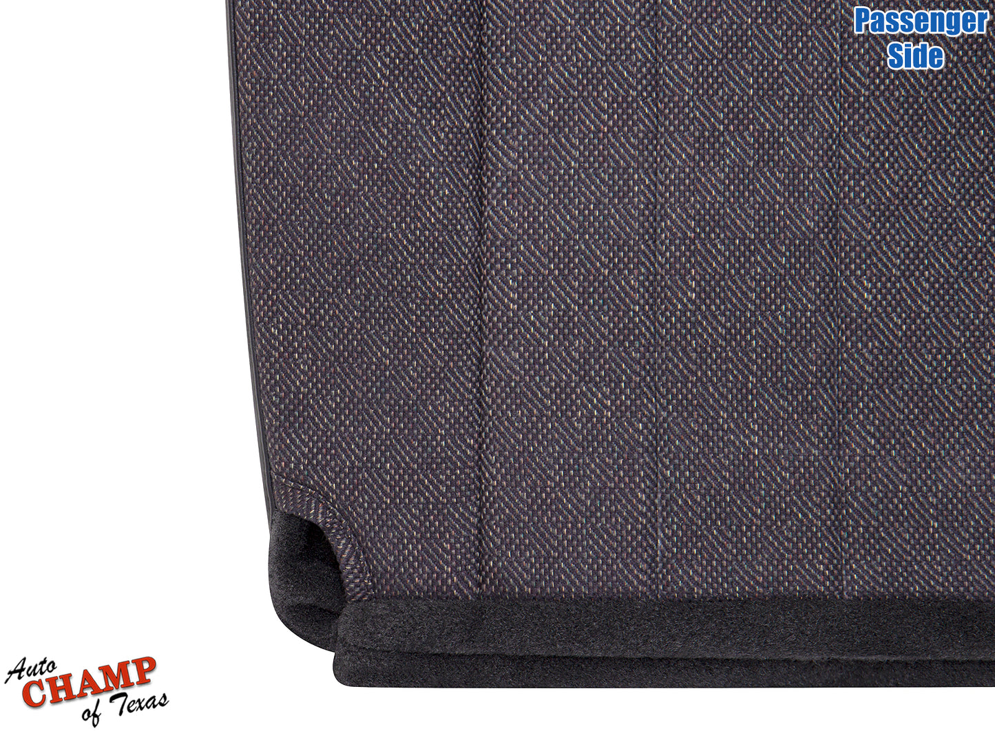 Close-up of passenger side bottom seat cover for 1999–2001 Jeep Cherokee Classic in dark gray with black leather accents.