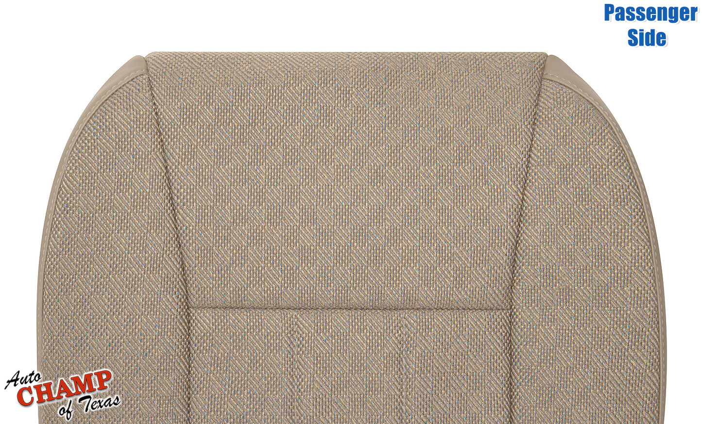 Close-up of tan camel passenger side replacement seat cover for 1999-2001 Jeep Cherokee.