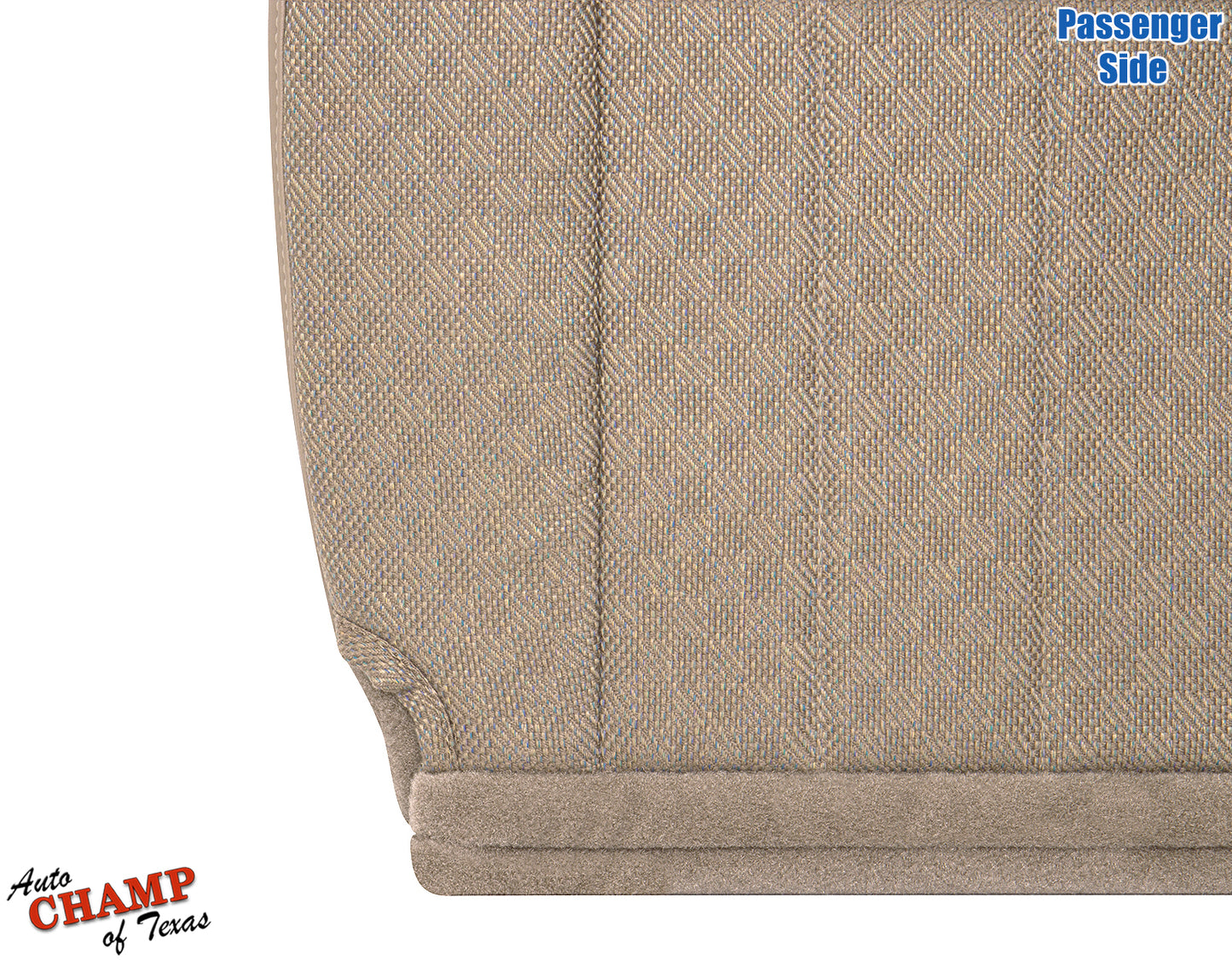 Close-up of tan camel passenger side seat cover material for Jeep Cherokee 1999-2001.