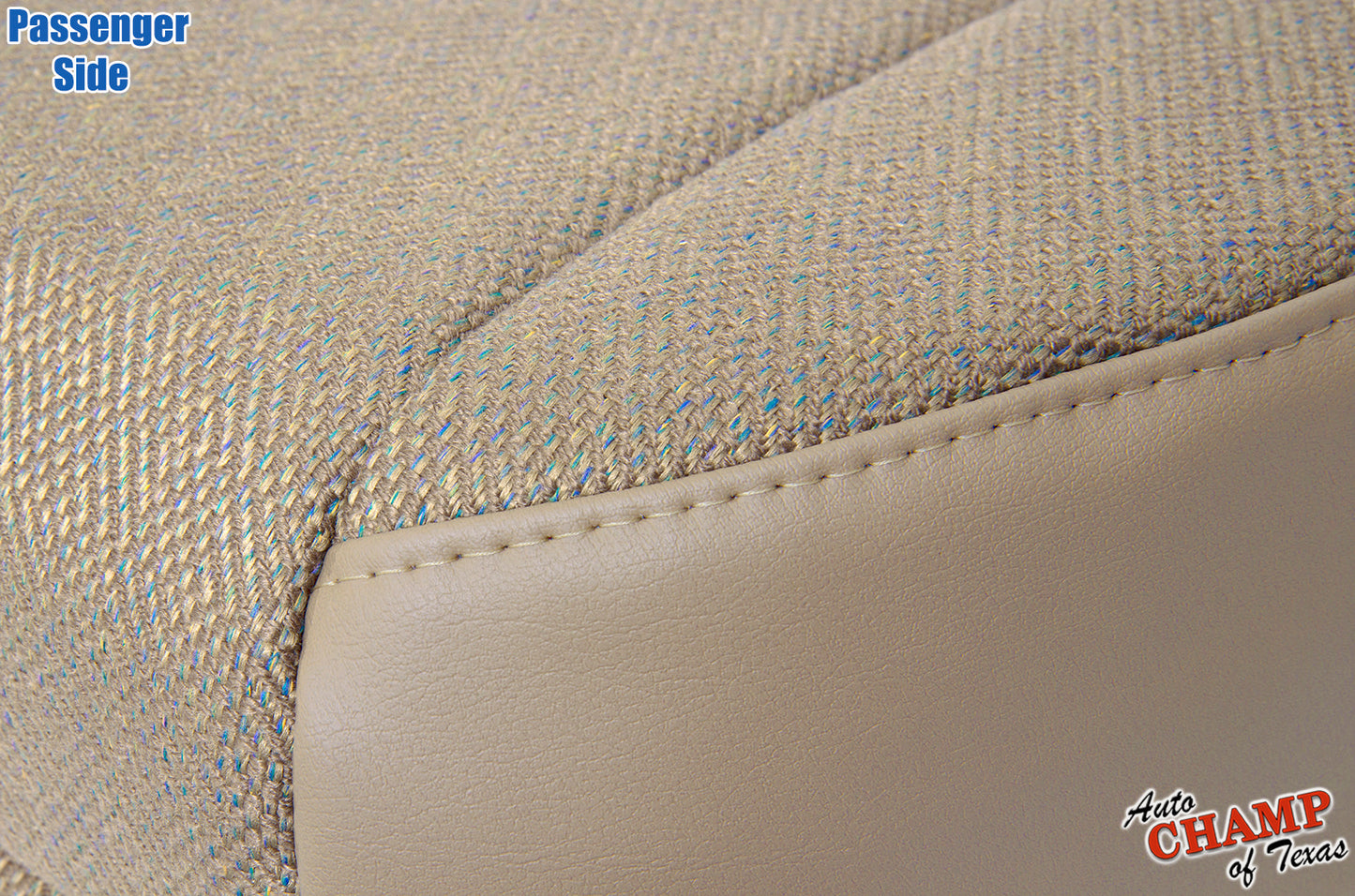 Close-up of tan camel seat cover stitching and fabric for passenger side.