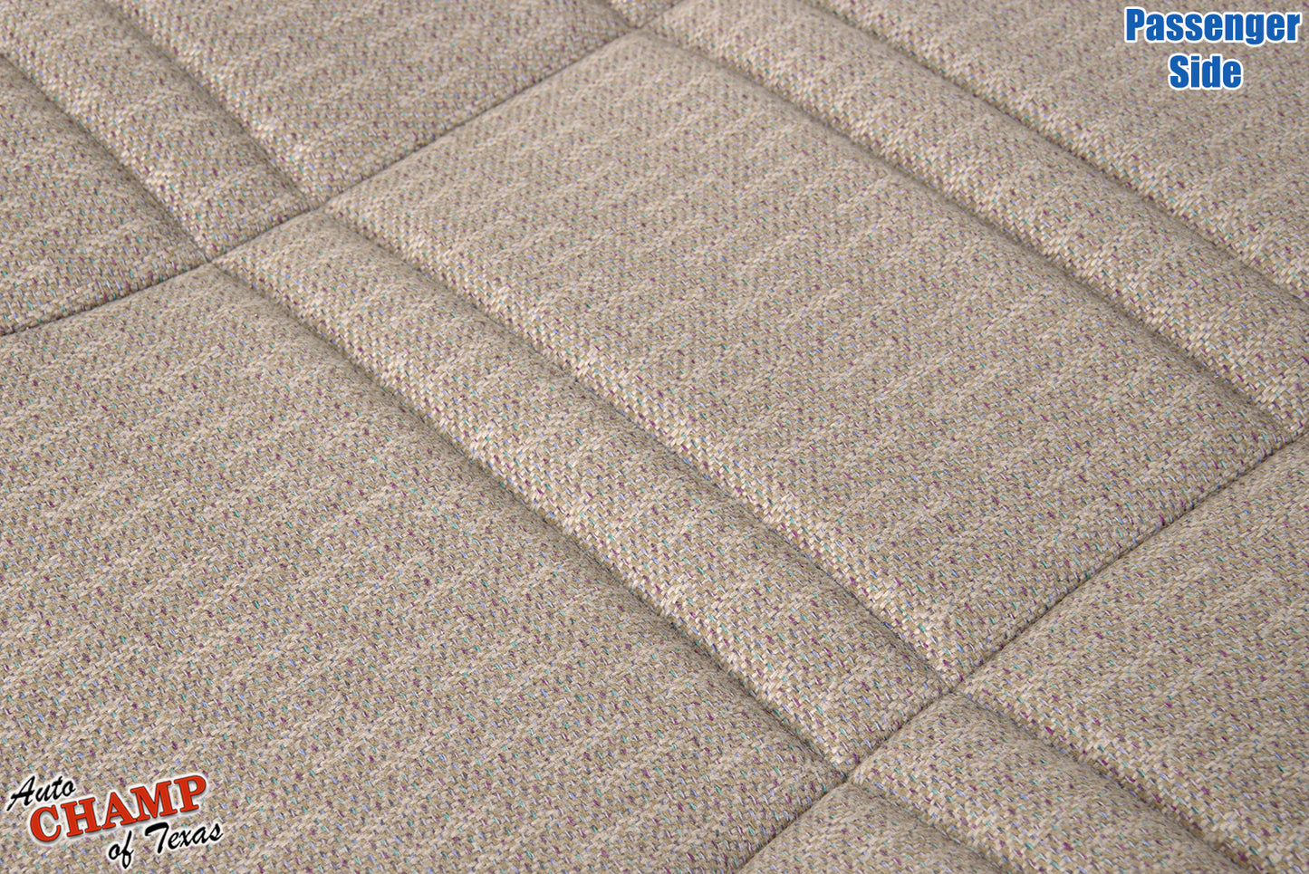 close-up stitching detail of passenger side bottom replacement cloth seat cover tan camel for 1999-2001 jeep cherokee sport se