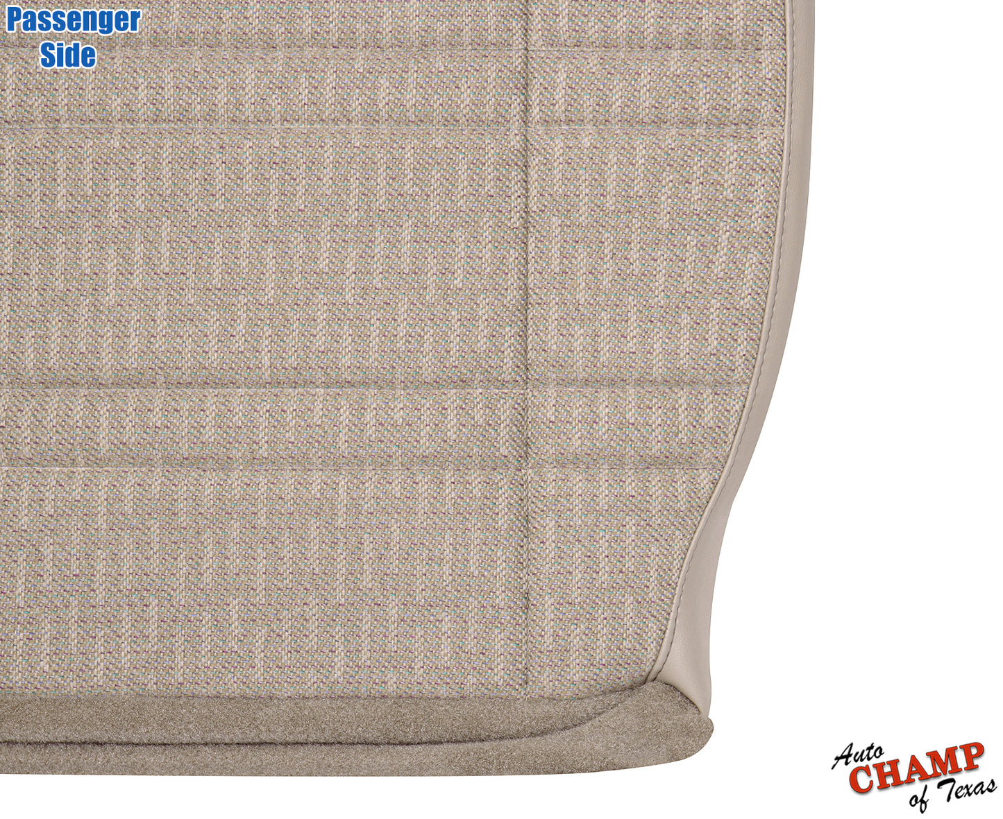 close-up view of passenger side bottom replacement cloth seat cover tan camel for 1999-2001 jeep cherokee sport se