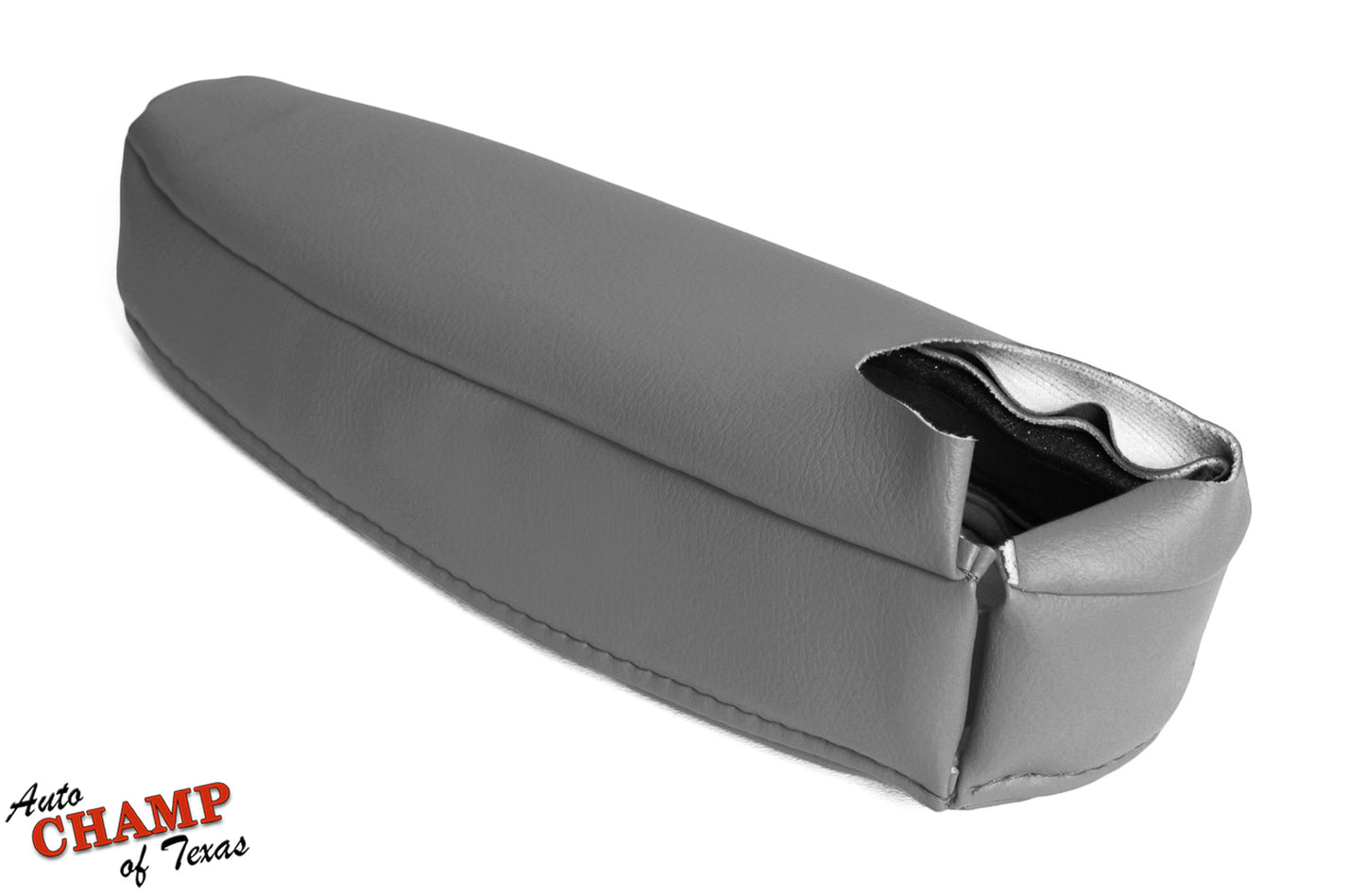 2003-2007 Lexus LX470 driver-side armrest replacement in gray leather, partially unzipped to reveal the interior padding and structure.