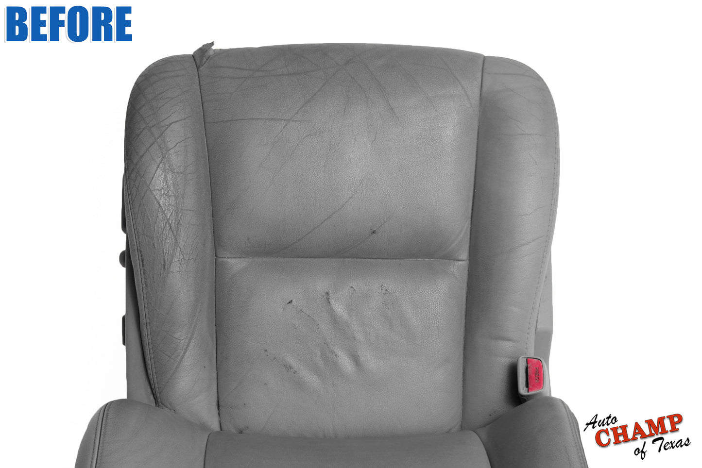 Worn-out gray leather seat before replacement for 2005-2006 Toyota Tundra driver side