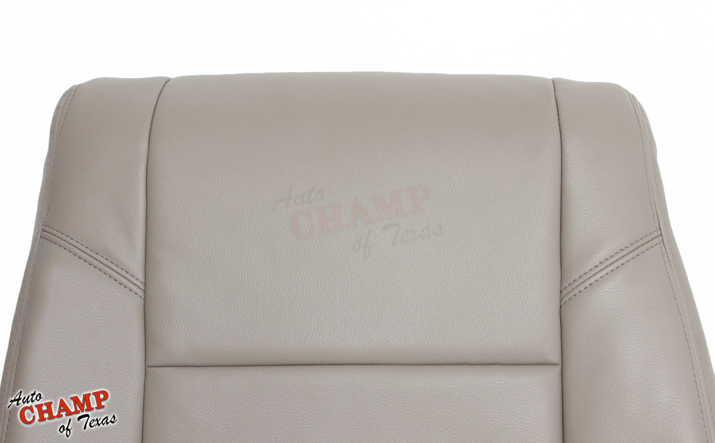 Close-up of the 2005-2006 Toyota Tundra Limited SR5 Driver Side Lean Back Replacement Leather Seat Cover in Tan, showcasing the smooth leather texture and detailed stitching along the side panel of the seat.