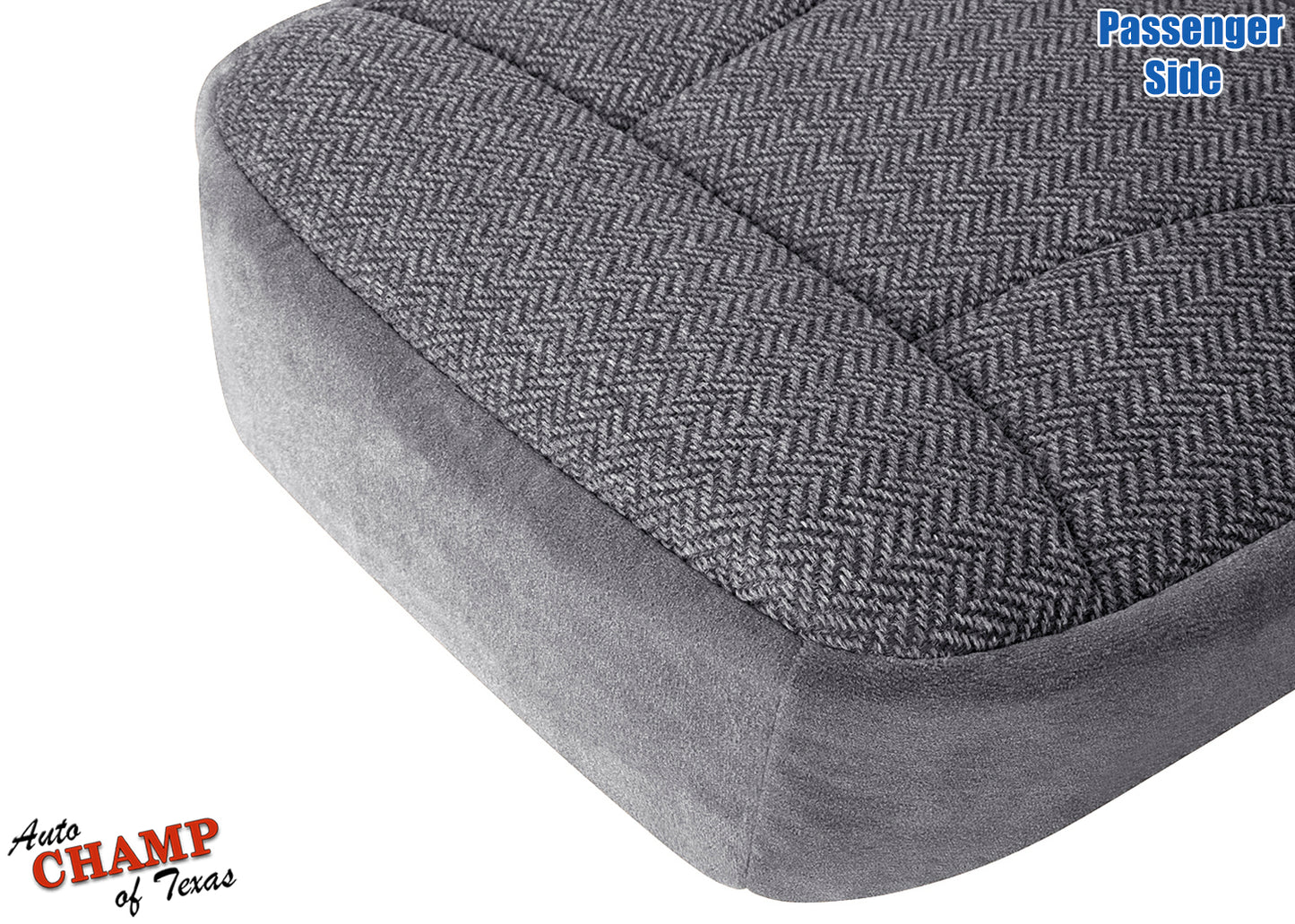 1992-1993 Ford Bronco XLT passenger side bottom cloth seat cover close-up textured gray close up angled