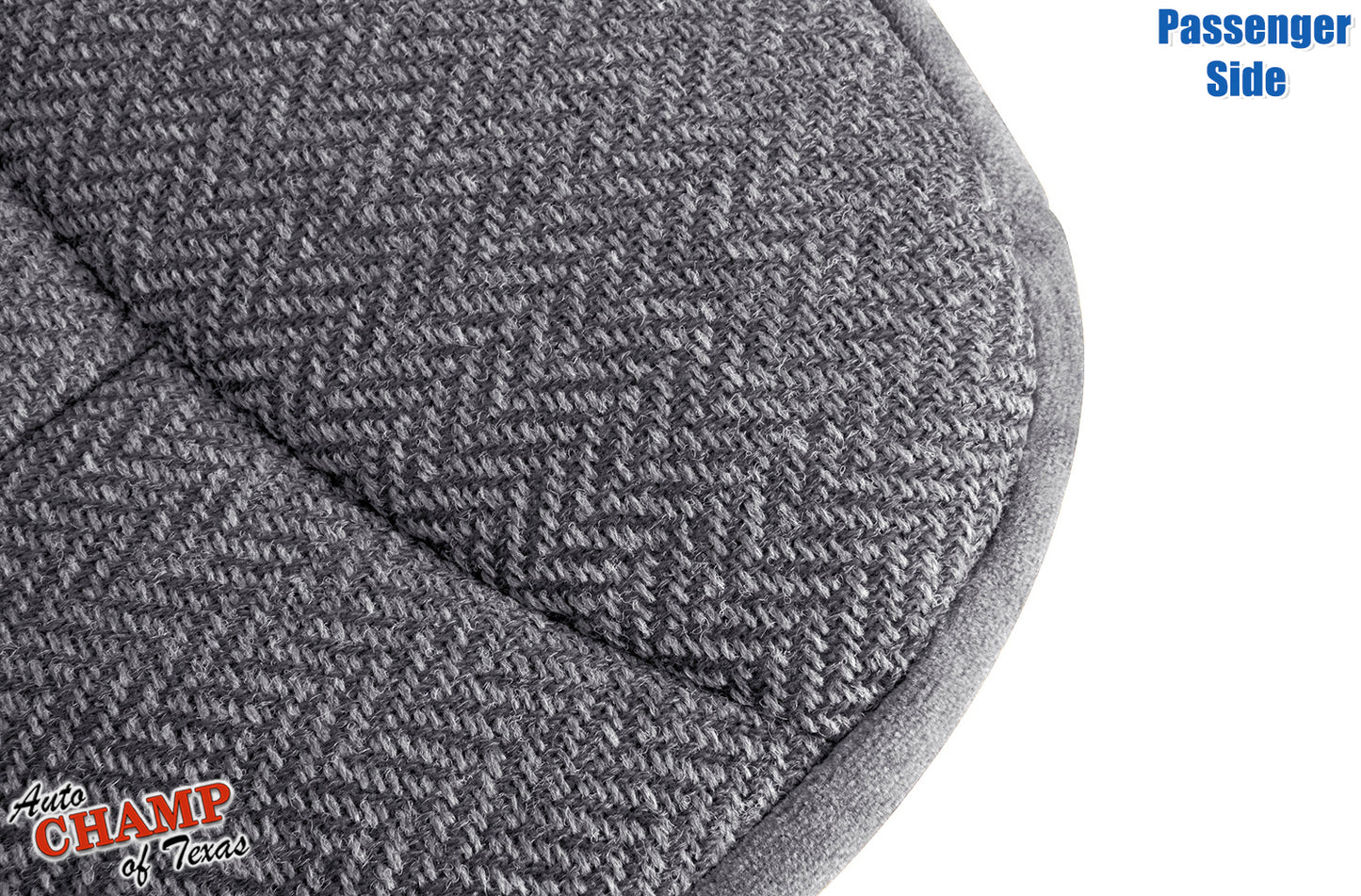1992-1993 Ford Bronco XLT passenger side bottom cloth seat cover close-up gray fabric view
