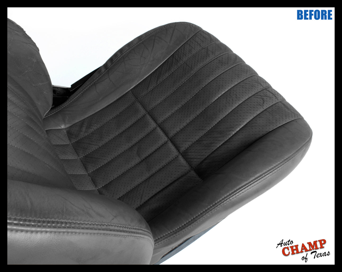 Worn gray perforated leather seat cover on driver side bottom before replacement for 1997-1999 models.