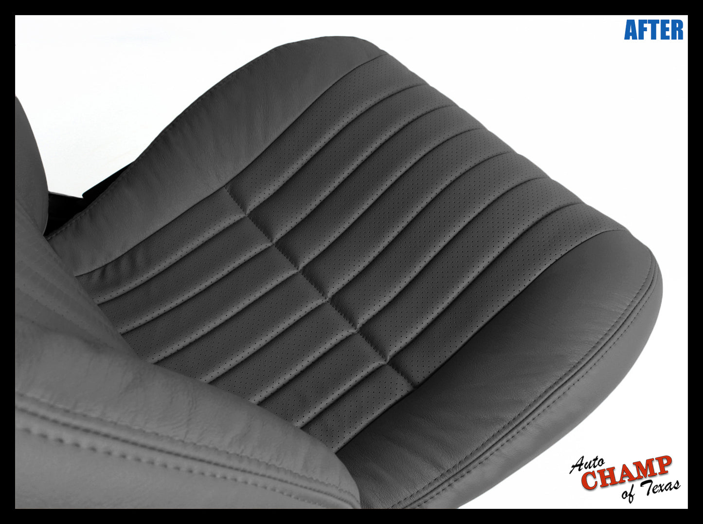 Gray perforated leather seat cover replacement installed for driver side bottom of 1997–1999 model.