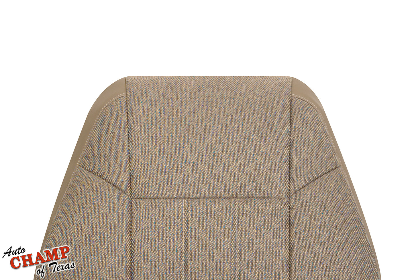 Close-up of the upper section of a driver side lean back replacement cloth seat cover for 1999-2001 Jeep Cherokee Classic in tan camel.