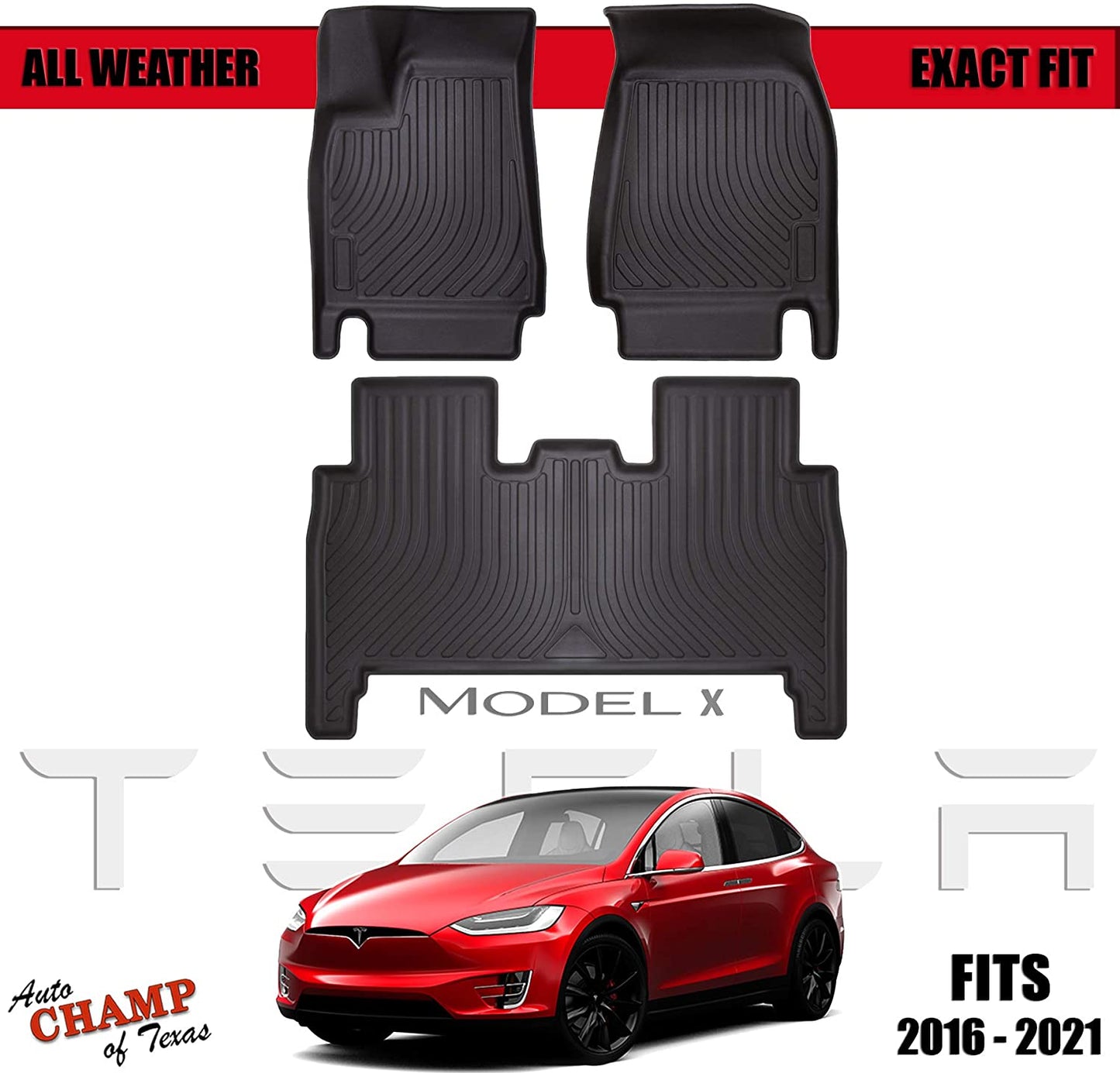 Tesla Model X 2016-2021 all-weather floor mats, custom fit, durable protection.