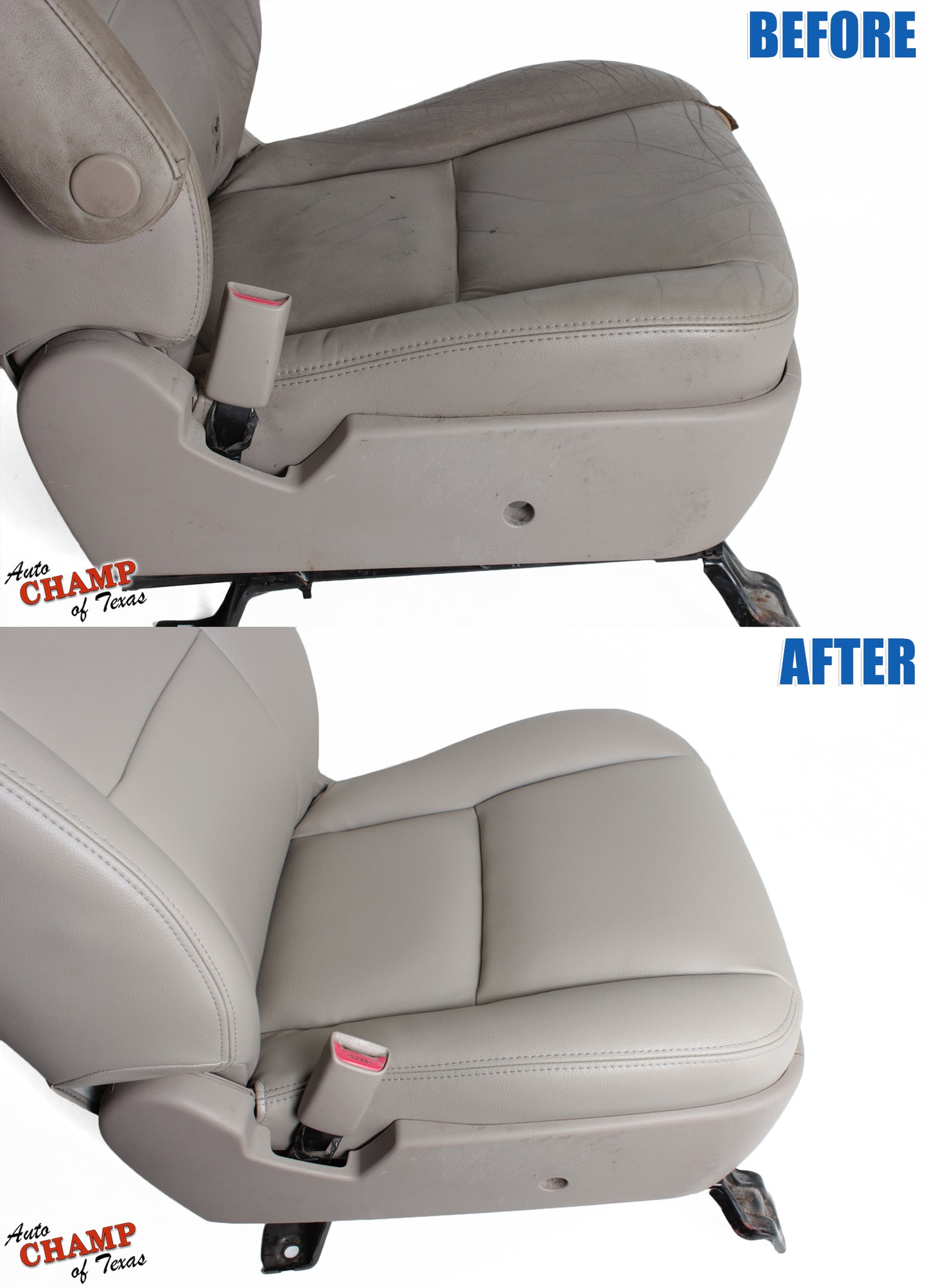 Before and after comparison of the 2005-2006 Toyota Tundra Limited SR5 Driver Side Bottom Replacement Leather Seat Cover in Tan, showing the seat's restoration.