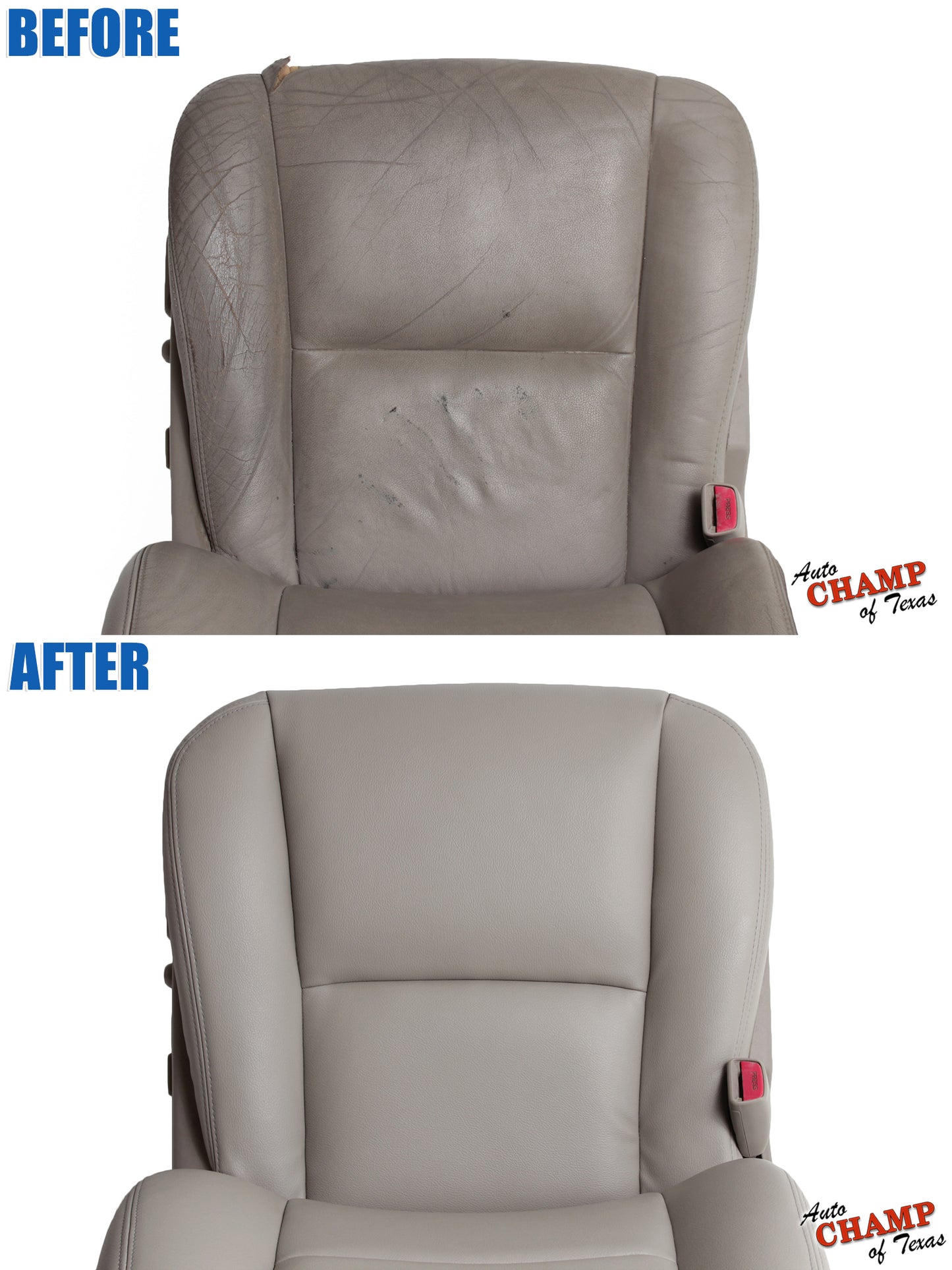 Before and after comparison of the 2005-2006 Toyota Tundra Limited SR5 Driver Side Bottom Replacement Leather Seat Cover in Tan, showing the seat's restoration.