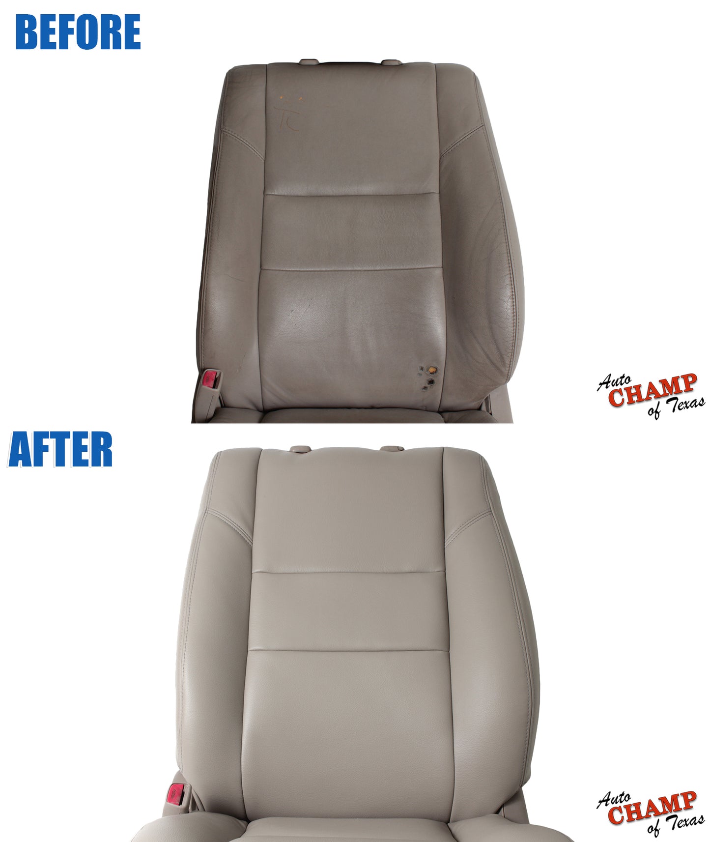 Before and after image showing the transformation of the 2005-2006 Toyota Tundra Limited SR5 driver side leather seat cover, tan color.