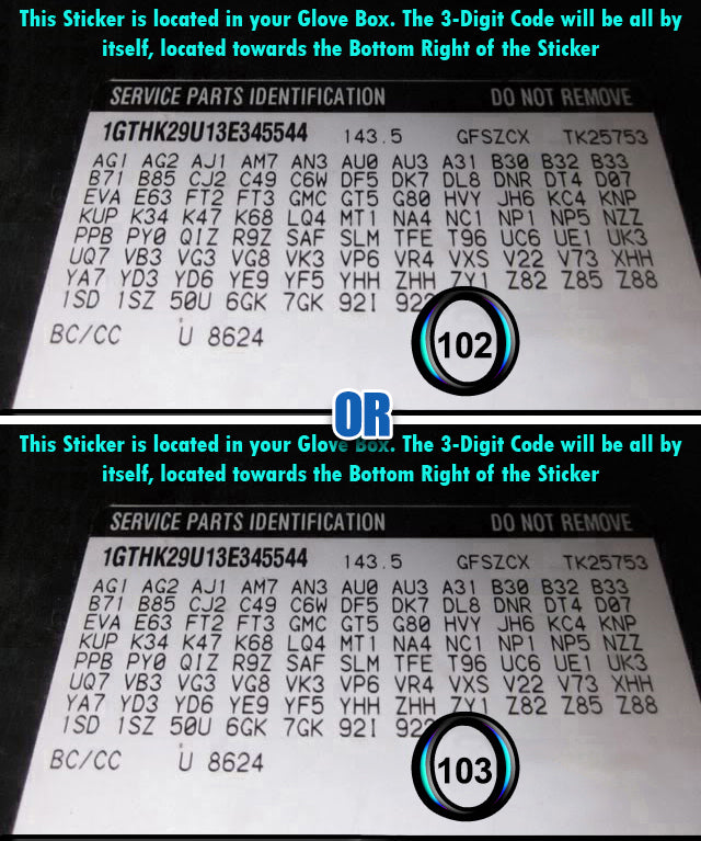 gm glove box sticker with trm code 102 and 103