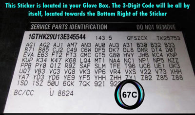 gm service parts identification sticker glove box code 67c