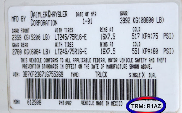 dodge ram 1500 slt laramie trim code r1az interior label seat cover match