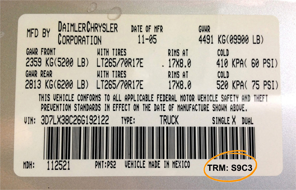trm s9c3 dodge ram 1500 mist gray interior code tag