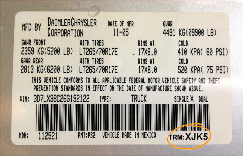 vehicle trim code sticker with TRM XJK5 highlighted for seat cover identification