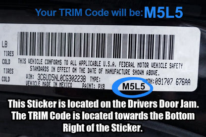 VIN sticker on the driver-side door jamb showing TRIM code M5L5 for accurate seat cover compatibility.