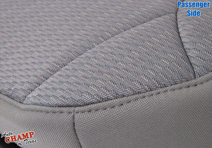 Close-up view of the passenger side bottom cloth seat cover for 2002-2004 Jeep Liberty in taupe.