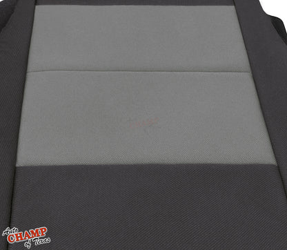This close-up view highlights the black and gray cloth seat cover for the 2003-2011 Ford Ranger driver side bottom. Designed for durability and a seamless factory-style fit, it features an extended side panel for full coverage and protection.