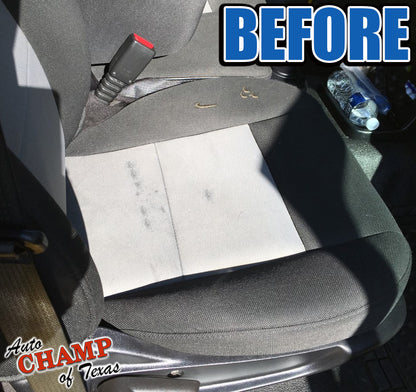 Ford Ranger black & gray cloth seat cover before replacement showing wear.
